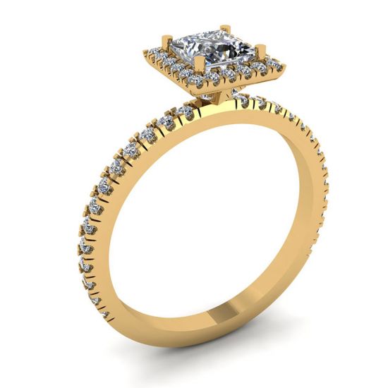 Anillo de compromiso con halo flotante de diamantes de talla princesa en oro amarillo,  Ampliar imagen 4
