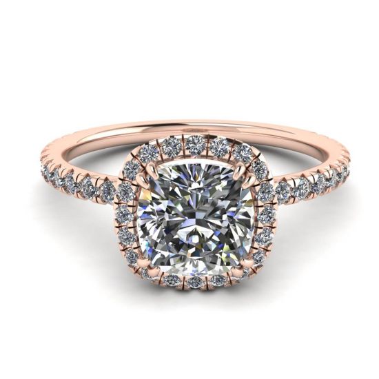 Anillo de compromiso con halo de diamantes de talla cojín en oro rosado, Ampliar imagen 1