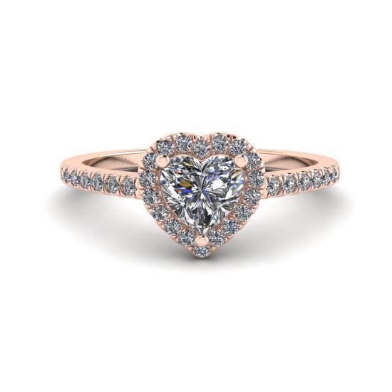 Anillo de compromiso con halo de diamantes y corazón en oro rosa, Ampliar imagen 1