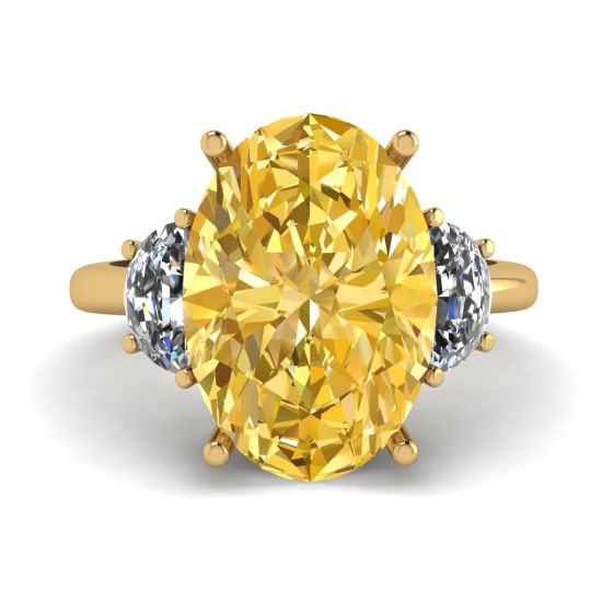 Anillo Diamante Amarillo Ovalado con Media Luna Lateral Diamantes Blancos Oro Amarillo, Image 1