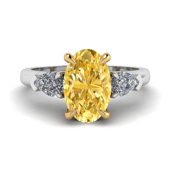 Anillo de diamante amarillo ovalado con diamantes blancos de pera laterales, Ampliar imagen 1