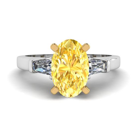 Anillo ovalado de diamantes amarillos con baguettes laterales blancos, Image 1