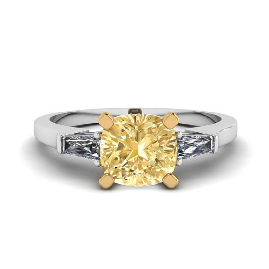 Anillo de diamante amarillo cojín con baguettes blancas, Ampliar imagen 1