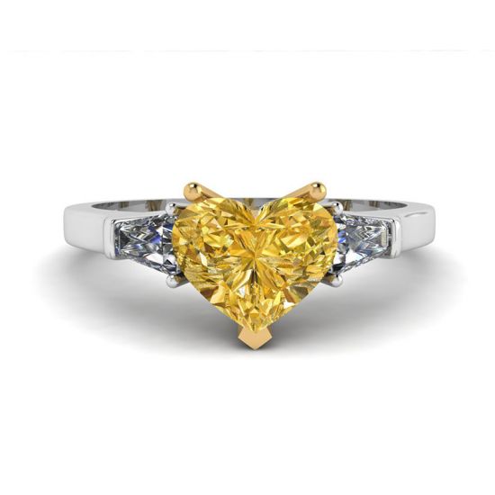 Anillo de 1 quilate de diamantes amarillos en forma de corazón con baguettes blancas