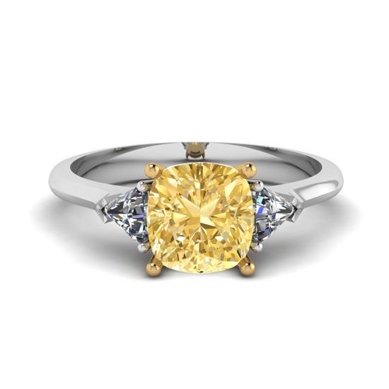 Anillo de diamante amarillo cojín de 1 quilate con trillones laterales, Ampliar imagen 1