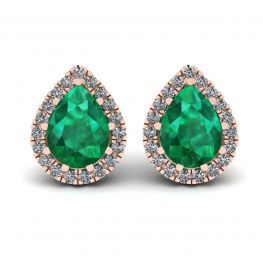 Aretes de esmeralda en forma de pera con halo de diamantes en oro rosado