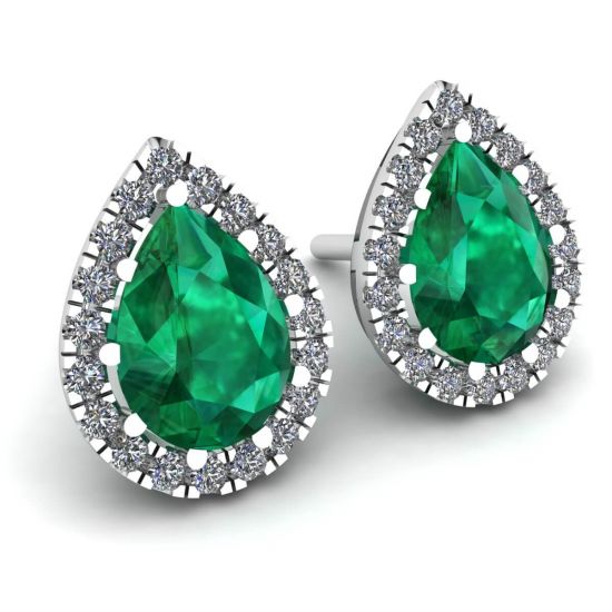 Aretes de esmeralda en forma de pera con halo de diamantes, More Image 0