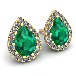 Aretes de esmeralda en forma de pera con halo de diamantes en oro amarillo - Photo 1