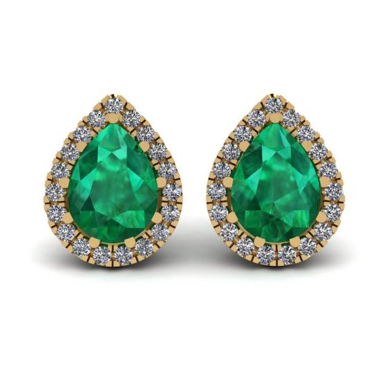 Aretes de esmeralda en forma de pera con halo de diamantes en oro amarillo, Ampliar imagen 1