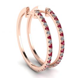 Pendientes de aro de oro rosa con rubíes y diamantes