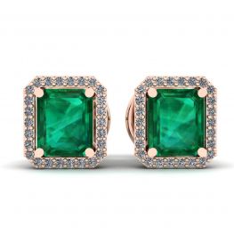 Aretes de esmeralda de 2 quilates con halo de diamantes en oro rosa