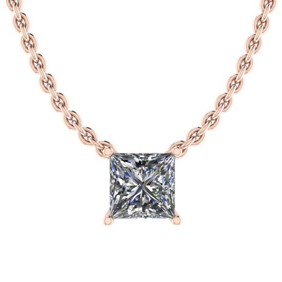 Collar con solitario de diamante princesa en cadena fina en oro rosa, Ampliar imagen 1