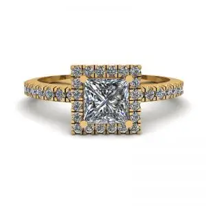 Anillo de compromiso con halo flotante de diamantes de talla princesa en oro amarillo