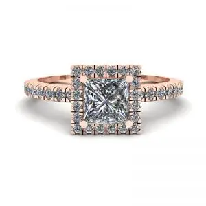 Anillo de compromiso con halo flotante de diamantes de talla princesa en oro rosado