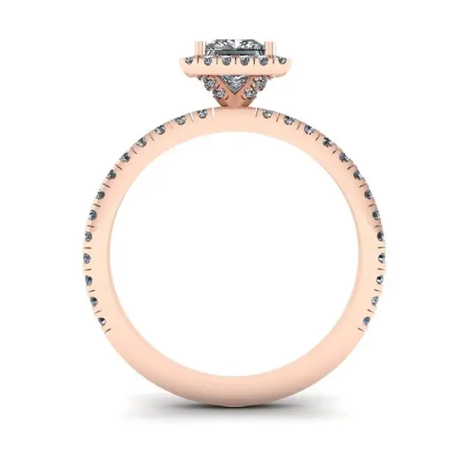 Anillo de compromiso con halo flotante de diamantes de talla princesa en oro rosado - Photo 1