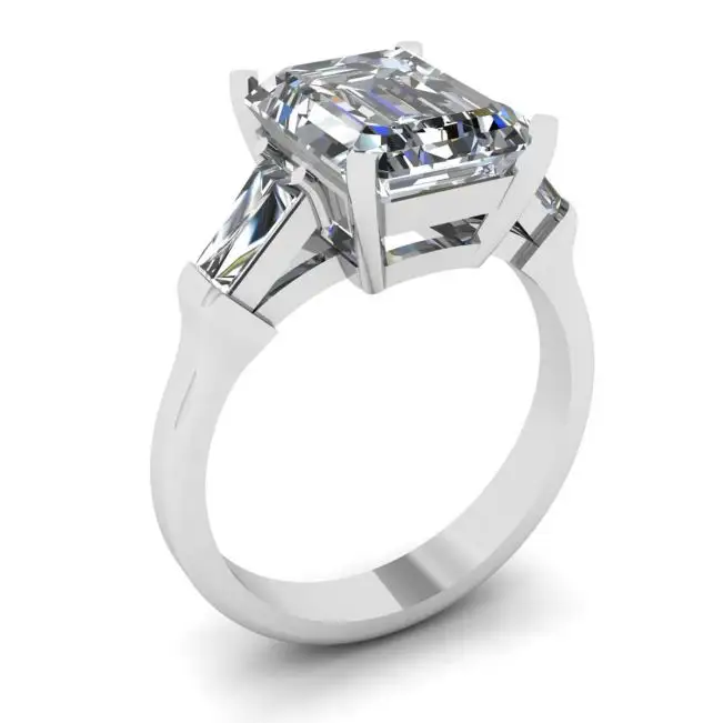 Anillo de compromiso de tres piedras con esmeralda y diamantes de talla baguette - Photo 3