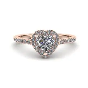 Anillo de compromiso con halo de diamantes y corazón en oro rosa