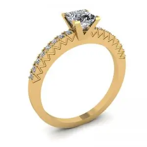 Anillo de diamantes talla princesa en V con pavé lateral en oro amarillo - Photo 3