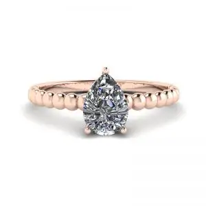 Anillo de compromiso de corte pera con banda de cuentas en oro rosa