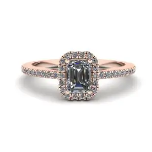 Anillo de diamantes de talla esmeralda con halo de oro rosa