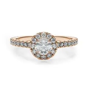 Anillo con halo de diamantes redondos en oro rosado de 18 quilates
