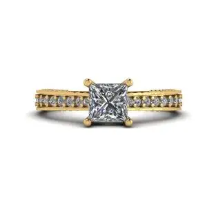 Anillo estilo oriental de diamantes princesa con pavé en oro amarillo de 18 quilates