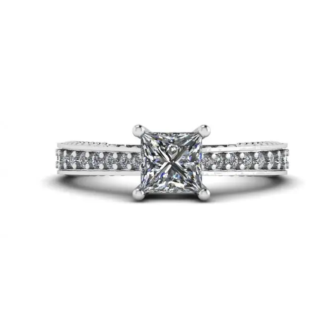 Anillo de diamantes de talla princesa estilo oriental con pavé