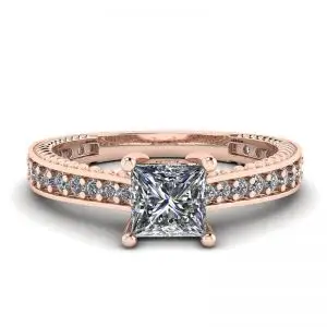 Anillo de diamantes estilo princesa estilo oriental con pavé en oro rosado de 18 quilates