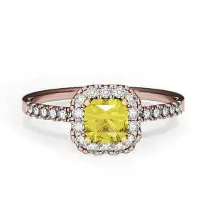 Anillo cojín de diamantes amarillos de 0,5 ct con halo de oro rosa