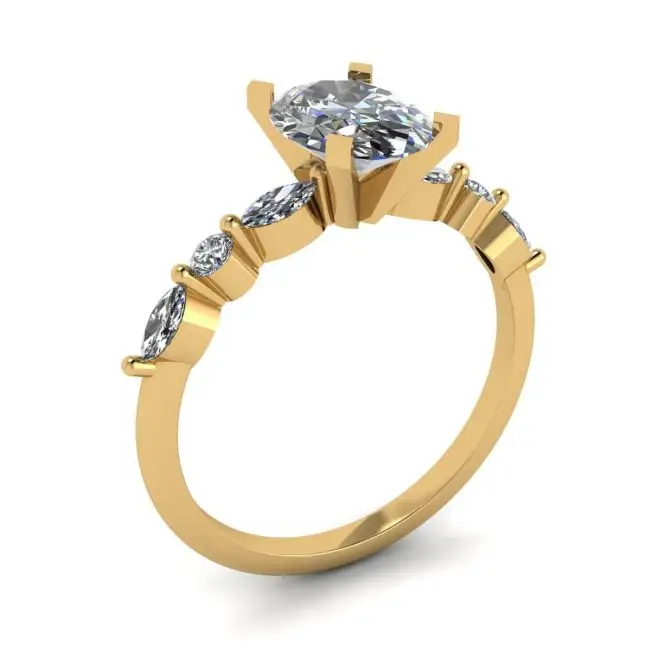 Anillo de Diamantes Ovalados Marquesa Lateral y Piedras Redondas en Oro Amarillo - Photo 3