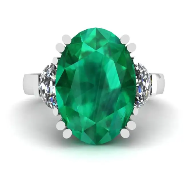 Anillo de esmeralda ovalada con diamantes laterales en forma de media luna