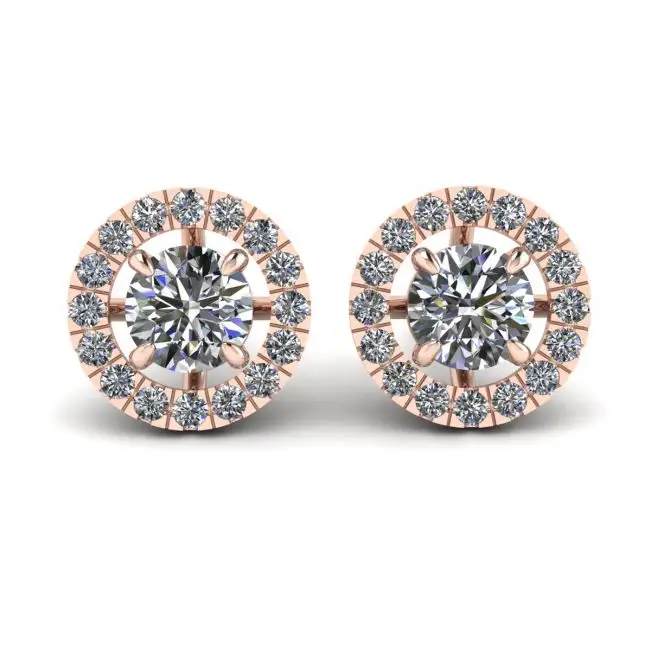 Aretes con halo de diamantes redondos en oro rosado de 18 k