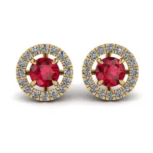 Aretes de rubí con halo de diamantes desmontable en oro amarillo