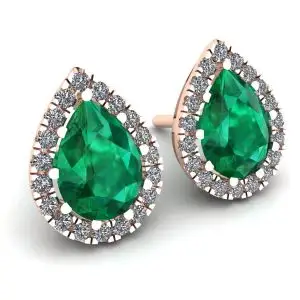 Aretes de esmeralda en forma de pera con halo de diamantes en oro rosado - Photo 1