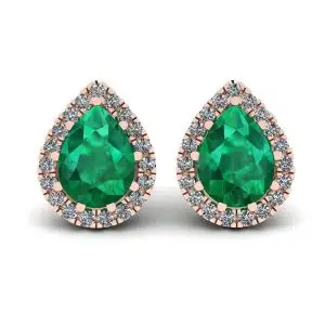 Aretes de esmeralda en forma de pera con halo de diamantes en oro rosado