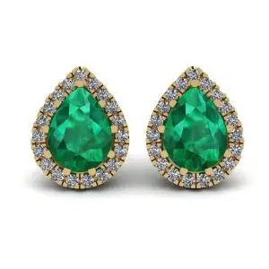 Aretes de esmeralda en forma de pera con halo de diamantes en oro amarillo
