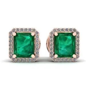 Aretes de esmeralda de 2 quilates con halo de diamantes en oro rosa