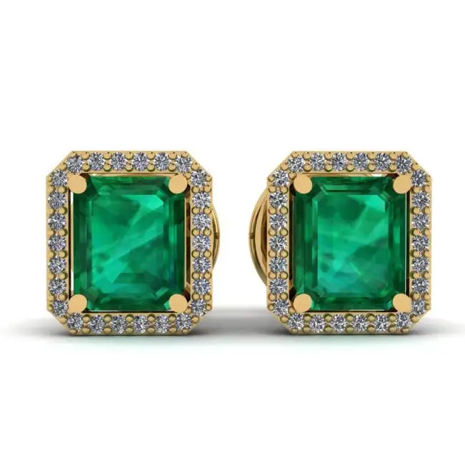 Aretes de esmeralda de 2 quilates con halo de diamantes en oro amarillo
