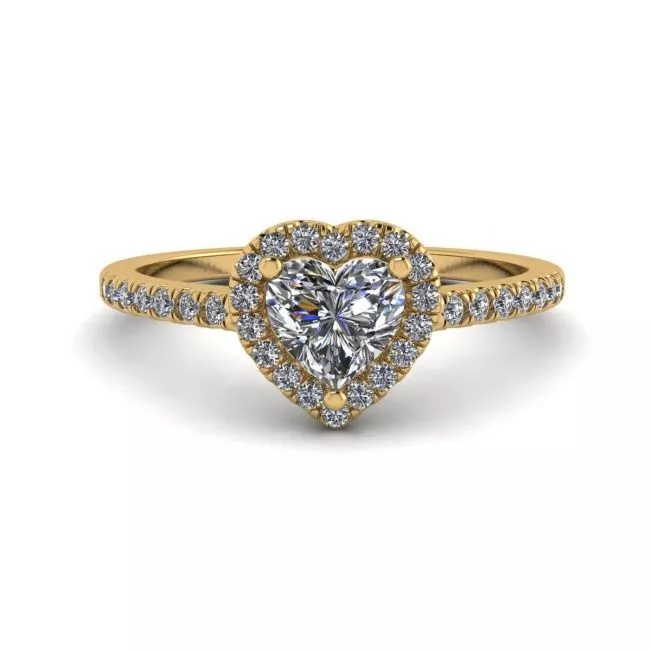 Anillo de compromiso con halo de diamantes y corazón en oro amarillo