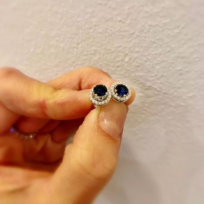 Aretes de zafiro con halo de diamantes desmontable - Photo 3