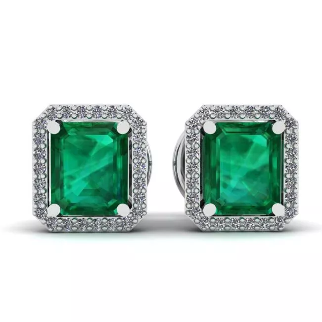 Aretes de Esmeralda de 2 quilates con Halo de Diamantes en Oro Blanco